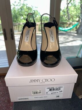 Jimmy Choo Black Patent Leather Peep-Toe Slingback Heels